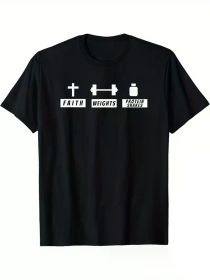 Faith, Weights & Protein Powder" Humorous Christian Fitness T-Shirt for Men - 100% Cotton, Comfortable Short Sleeve, All-Season Wear